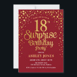 サプライズ18th誕生日パーティー – 赤と金ゴールド 招待状<br><div class="desc">サプライズ18th誕生日パーティーの招待状。暗エレガント赤のデザインとフェイクグリッター金ゴールド。スクリプトスタイリッシュのフォントと紙吹雪の機能。メッセージもしメッセージはカスタム年齢。</div>