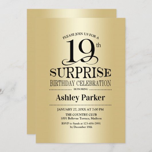 サプライズ19th誕生日パーティー – 金ゴールド 招待状 (正面/裏面)