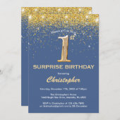 サプライズ1stバースデーブルーと金ゴールドグリッター 招待状 (正面/裏面)
