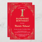 サプライズ1stバースデーレッドと金ゴールドグリッターフレーム 招待状 (正面/裏面)