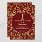 サプライズ1thバースデーバーガンディーレッド&金ゴールドフローラ 招待状 (正面/裏面)
