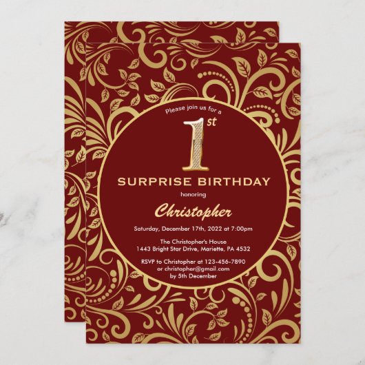 サプライズ1thバースデーバーガンディーレッド&金ゴールドフローラ 招待状 (正面/裏面)