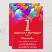 サプライズ1th誕生日の赤と金ゴールドバルーン 招待状 (正面/裏面)