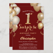 サプライズ1th誕生日ダークレッドと金ゴールドバルーン 招待状 (正面/裏面)