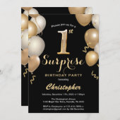 サプライズ1th誕生日ブラックと金ゴールドバルーン 招待状 (正面/裏面)