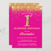 サプライズ1th誕生日ホットピンクと金ゴールドグリッター 招待状 (正面/裏面)