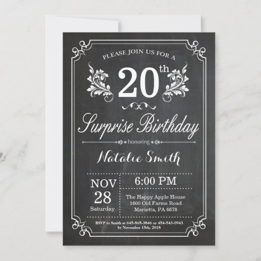 サプライズ20歳の誕生日招待状 黒板 招待状 (正面)
