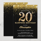 サプライズ20歳の誕生日 ブラックとゴールドのグリッター 招待状 (正面/裏面)