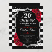 サプライズ20歳の誕生日 - 黒 白 赤 招待状 (正面/裏面)