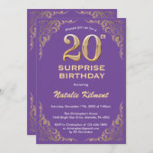サプライズ20誕生日パープルと金ゴールドグリッター 招待状 (正面/裏面)