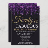 サプライズ20誕生日パープル&金ゴールドグリッター 招待状 (正面/裏面)