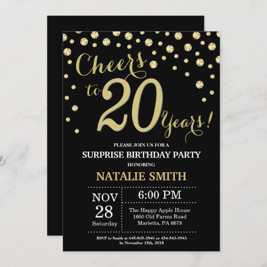 サプライズ20誕生日ブラックと金ゴールドダイヤモンド 招待状 (正面/裏面)