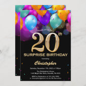 サプライズ20誕生日ブラックと金ゴールドバルーン 招待状 (正面/裏面)