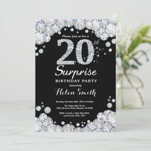 サプライズ20誕生日招待状シルバーダイヤモンド 招待状 (スタンド正面)