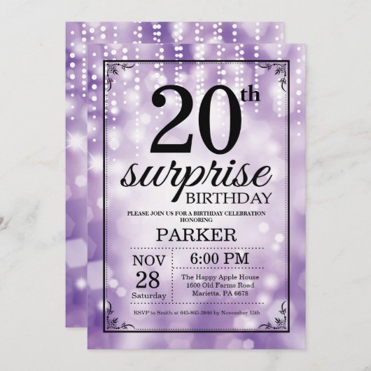 サプライズ20誕生日招待状パープルグリッター 招待状 (正面/裏面)
