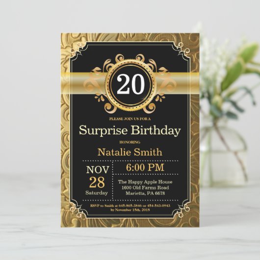 サプライズ20誕生日招待状ブラックと金ゴールド 招待状 (スタンド正面)