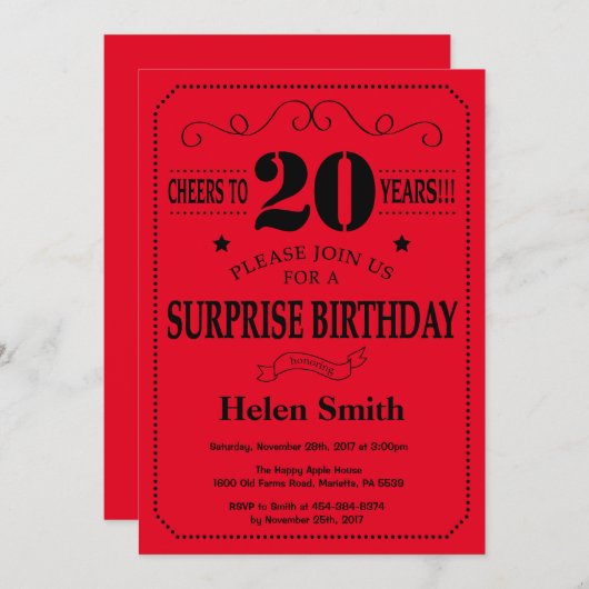 サプライズ20誕生日招待状ブラック&レッド 招待状 (正面/裏面)