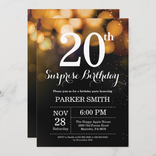 サプライズ20誕生日招待状金ゴールドグリッター 招待状 (正面/裏面)
