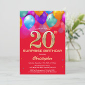 サプライズ20誕生日赤と金ゴールドバルーン 招待状 (スタンド正面)