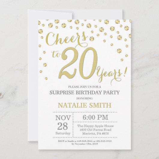 サプライズ20誕生日金ゴールドグリッターダイヤモンド 招待状 (正面)