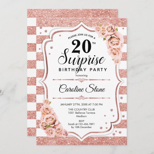 サプライズ20誕生日-バラ金ゴールドホワイトピンク 招待状 (正面/裏面)