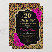 サプライズ20誕生日 – ヒョウ黒金ゴールドピンク 招待状 (正面/裏面)