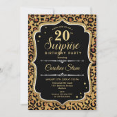 サプライズ20誕生日 – ヒョウ黒金ゴールド 招待状 (正面)