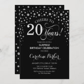 サプライズ20th誕生日パーティー – ブラックシルバー 招待状 (正面/裏面)