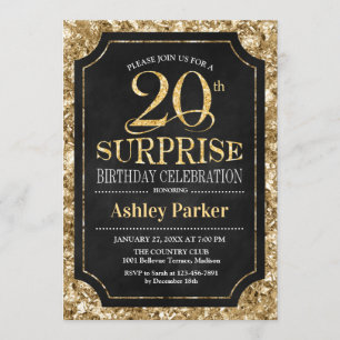 サプライズ20th誕生日パーティー – 金ゴールドブラック 招待状