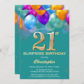 サプライズ21歳の誕生日ティール(緑がかった色)と金ゴールドバルーン 招待状 (正面/裏面)
