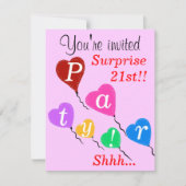 サプライズ21歳の誕生日ハートバルーン招待状 招待状 (正面)