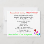 サプライズ21歳の誕生日ハートバルーン招待状 招待状 (裏面)