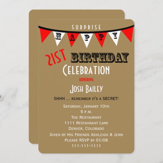サプライズ21歳の誕生日パーティの招待状バント 招待状 (正面/裏面)