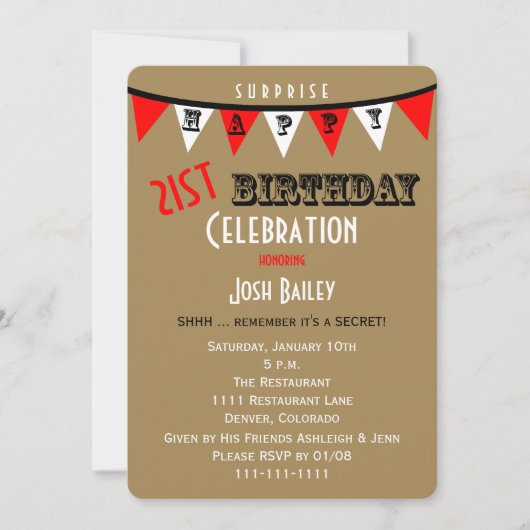 サプライズ21歳の誕生日パーティの招待状バント 招待状 (正面)