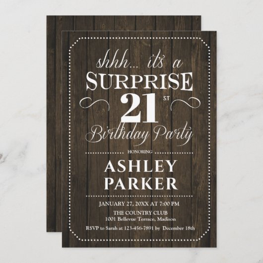 サプライズ21歳の誕生日パーティー素朴- Wood 招待状 (正面/裏面)