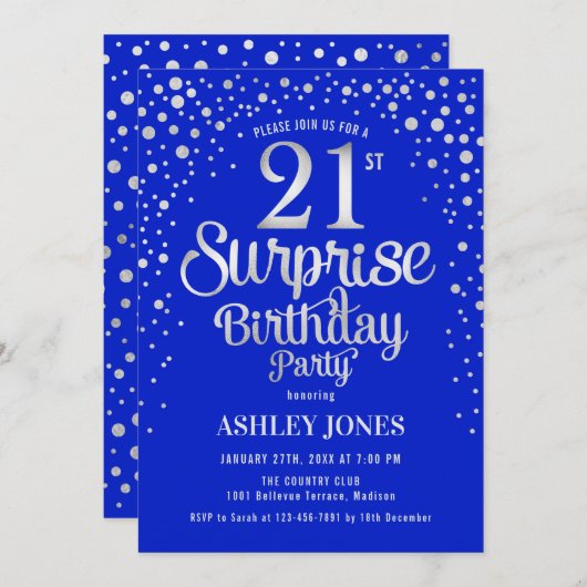 サプライズ21歳の誕生日パーティー – シルバー王室の&ブルー 招待状 (正面/裏面)