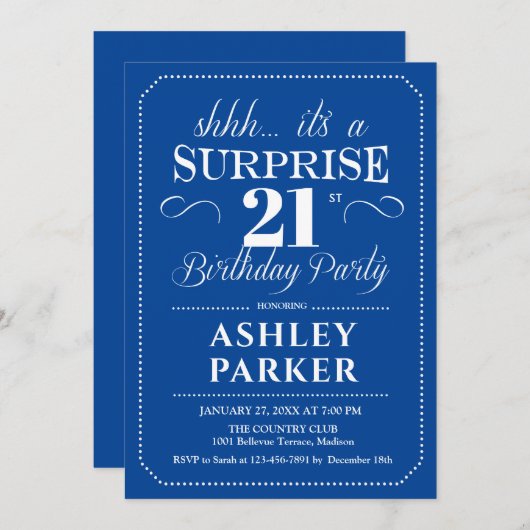 サプライズ21歳の誕生日パーティー – ネイビーホワイト 招待状 (正面/裏面)