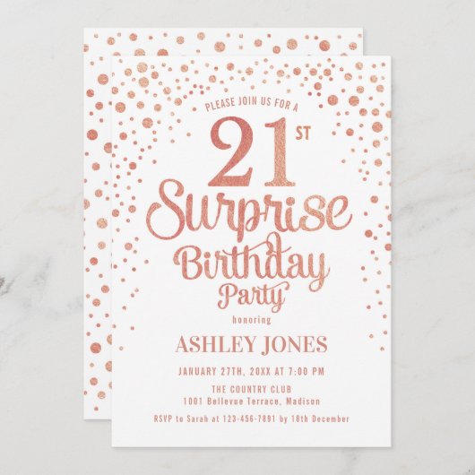 サプライズ21歳の誕生日パーティー-バラ金ゴールドと白 招待状 (正面/裏面)