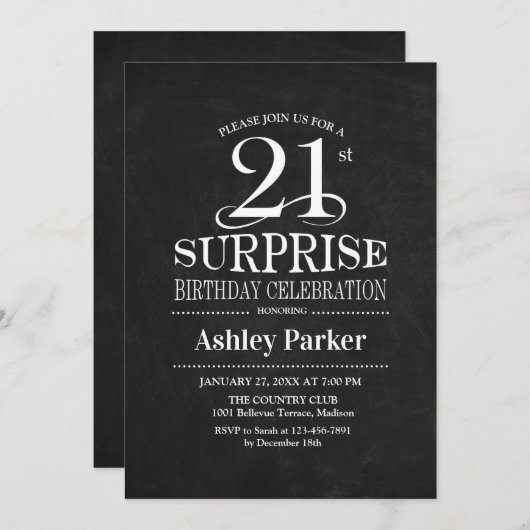 サプライズ21歳の誕生日パーティー-白黒 招待状 (正面/裏面)