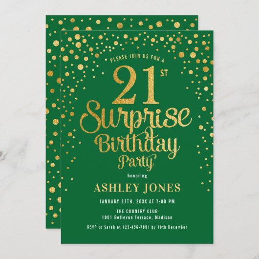 サプライズ21歳の誕生日パーティー – 緑と金ゴールド 招待状 (正面/裏面)