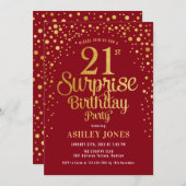サプライズ21歳の誕生日パーティー – 赤と金ゴールド 招待状 (正面/裏面)