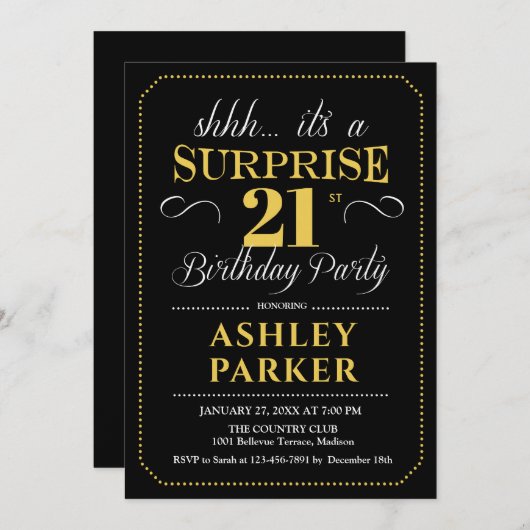 サプライズ21歳の誕生日パーティー – 黒金ゴールド 招待状 (正面/裏面)