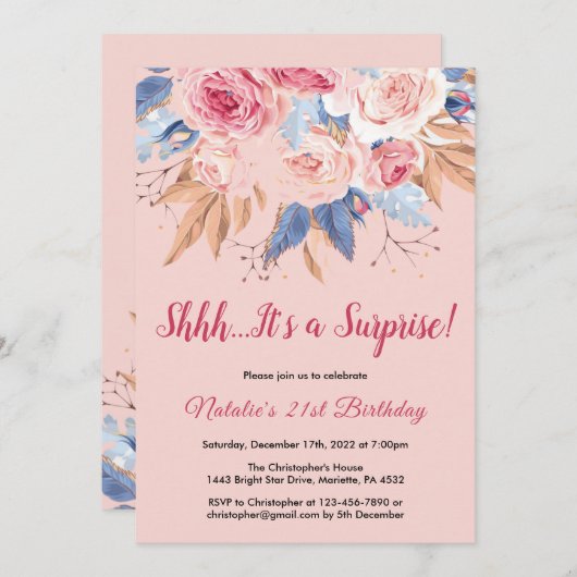サプライズ21歳の誕生日ピンクの植物フローラ 招待状 (正面/裏面)