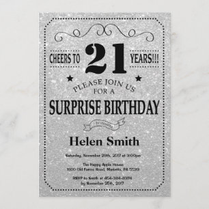 サプライズ21歳の誕生日ブラックアンドシルバーグリッター 招待状