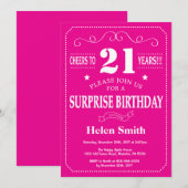 サプライズ21歳の誕生日ホットピンクとホワイト 招待状 (正面/裏面)