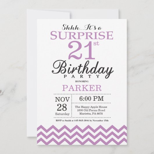 サプライズ21歳の誕生日招待状パープルシェブロン 招待状 (正面)