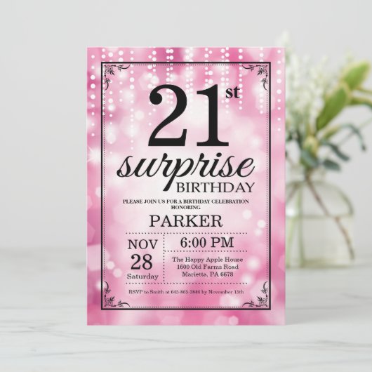 サプライズ21歳の誕生日招待状ピンクグリッター 招待状 (スタンド正面)