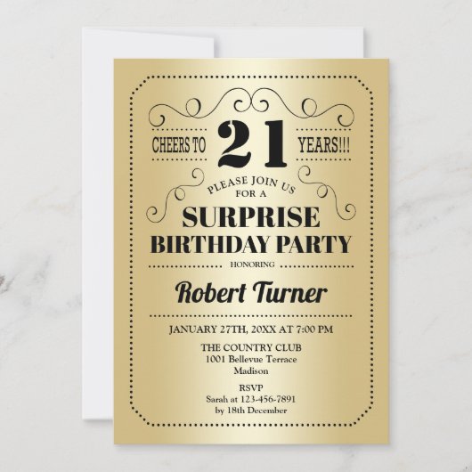 サプライズ21歳の誕生日 - ゴールド ブラック 招待状 (正面)