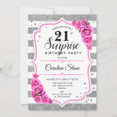 サプライズ21歳の誕生日 – シルバーホワイトピンク 招待状 (正面)