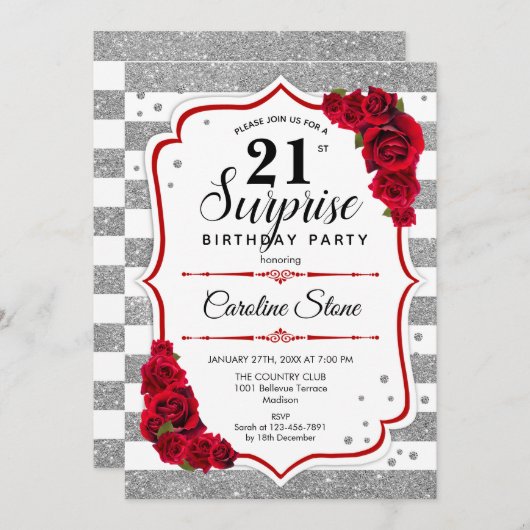 サプライズ21歳の誕生日 – シルバーホワイトレッド 招待状 (正面/裏面)